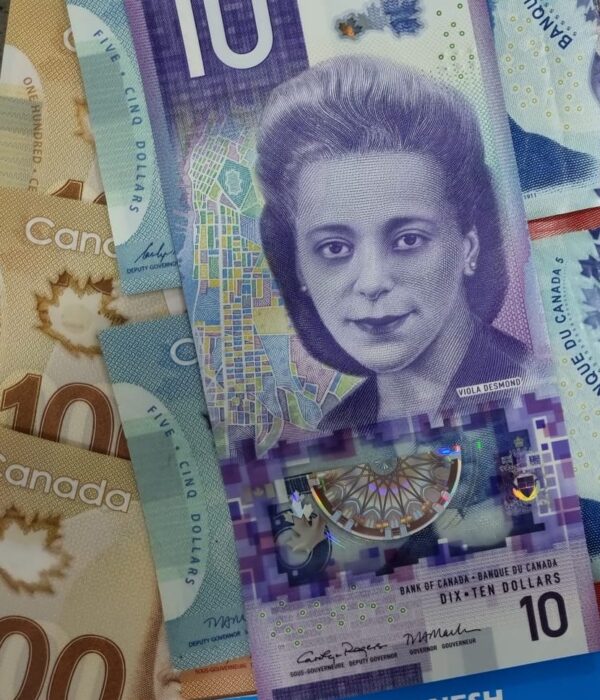 Canadian $10 dollar banknotes on a Danesh Exchange sign. Canadian $10 dollar banknotes on a Danesh Exchange sign.