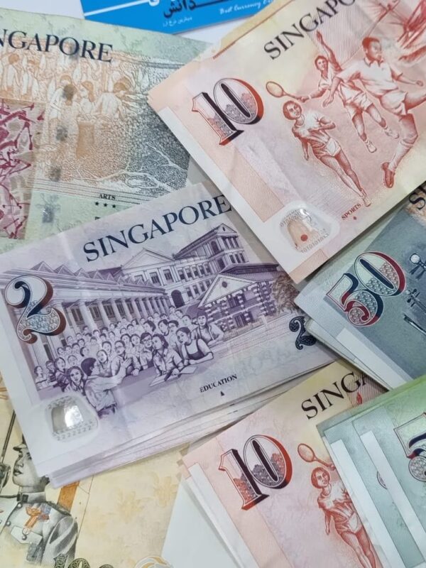 Singapore banknotes in $2, $5, $10, $50, and $100 denominations arranged together. Singapore banknotes in $2, $5, $10, $50, and $100 denominations arranged together.