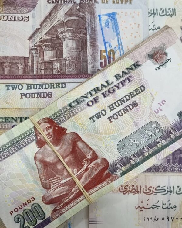 Egyptian banknotes in 50 and 200‑pound denominations arranged together, featuring ancient statues, architectural motifs, and detailed Central Bank of Egypt designs. Egyptian banknotes in 50 and 200‑pound denominations arranged together, featuring ancient statues, architectural motifs, and detailed Central Bank of Egypt designs.