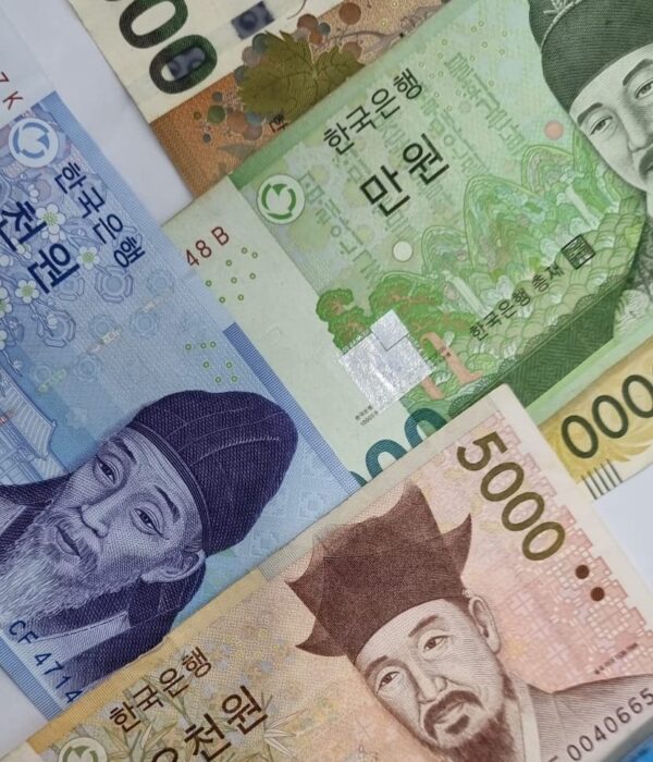 South Korean won banknotes in 1,000, 5,000, and 10,000 denominations arranged in an overlapping layout South Korean won banknotes in 1,000, 5,000, and 10,000 denominations arranged in an overlapping layout.