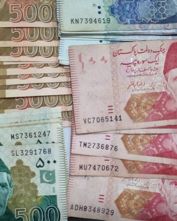 Pakistani banknotes in 100, 500, and 1000‑rupee denominations arranged in two groups, each showing Muhammad Ali Jinnah’s portrait and distinct colours. Pakistani banknotes in 100, 500, and 1000‑rupee denominations arranged in two groups, each showing Muhammad Ali Jinnah’s portrait and distinct colours.