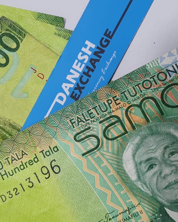 Samoan 100‑tala banknotes overlayed and arranged together with a Danesh Exchange card.
