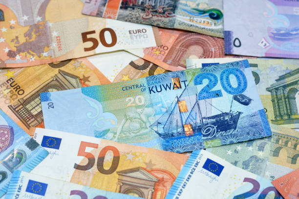 kuwait-dinars-money-banknote-bills-with-european-euro-banknotes-background