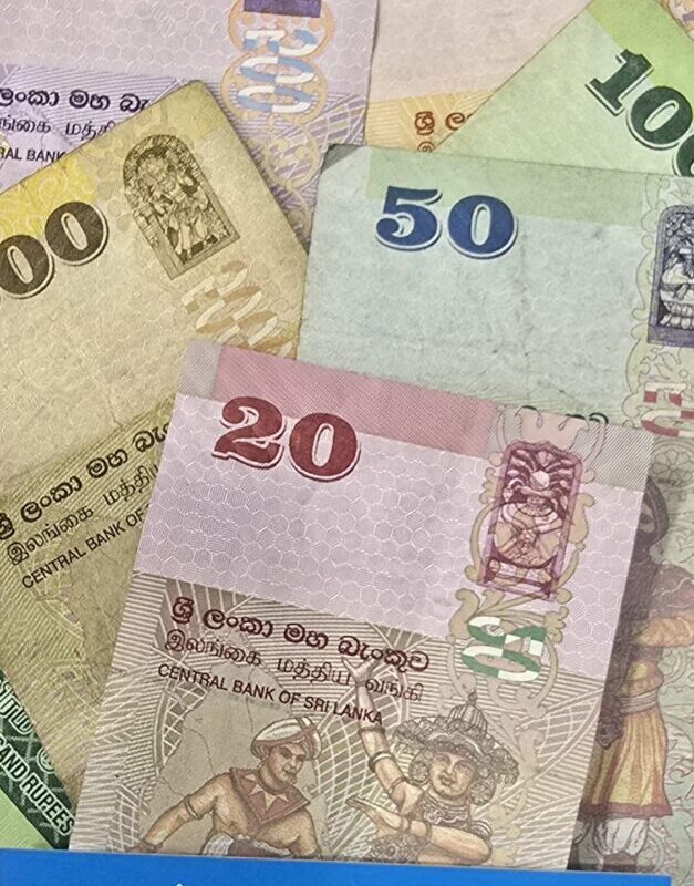 Sri Lankan rupee banknotes in denominations of 20, 50, 100, 500, and 1000 arranged in a scattered layout, showing colourful designs, cultural imagery, and multilingual text, with a blue Danesh Exchange label at the bottom. Sri Lankan rupee banknotes in denominations of 20, 50, 100, 500, and 1000 arranged in a scattered layout, showing colourful designs, cultural imagery, and multilingual text, with a blue Danesh Exchange label at the bottom.