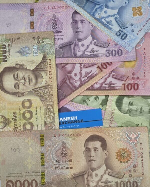 Mixed THB banknotes arranged in a scattered layout. Mixed THB banknotes arranged in a scattered layout.