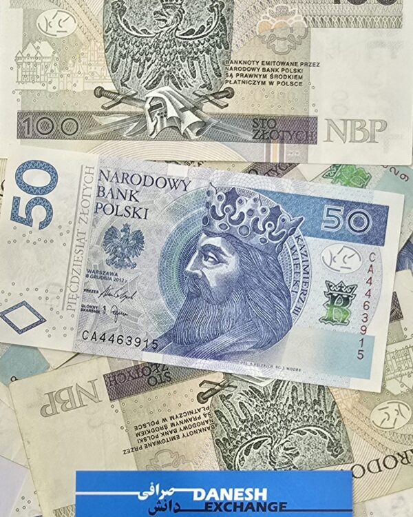 Polish banknotes in 50 and 100 złoty denominations arranged together, showing detailed portraits and designs above a blue Danesh Exchange label. Polish banknotes in 50 and 100 złoty denominations arranged together, showing detailed portraits and designs above a blue Danesh Exchange label.