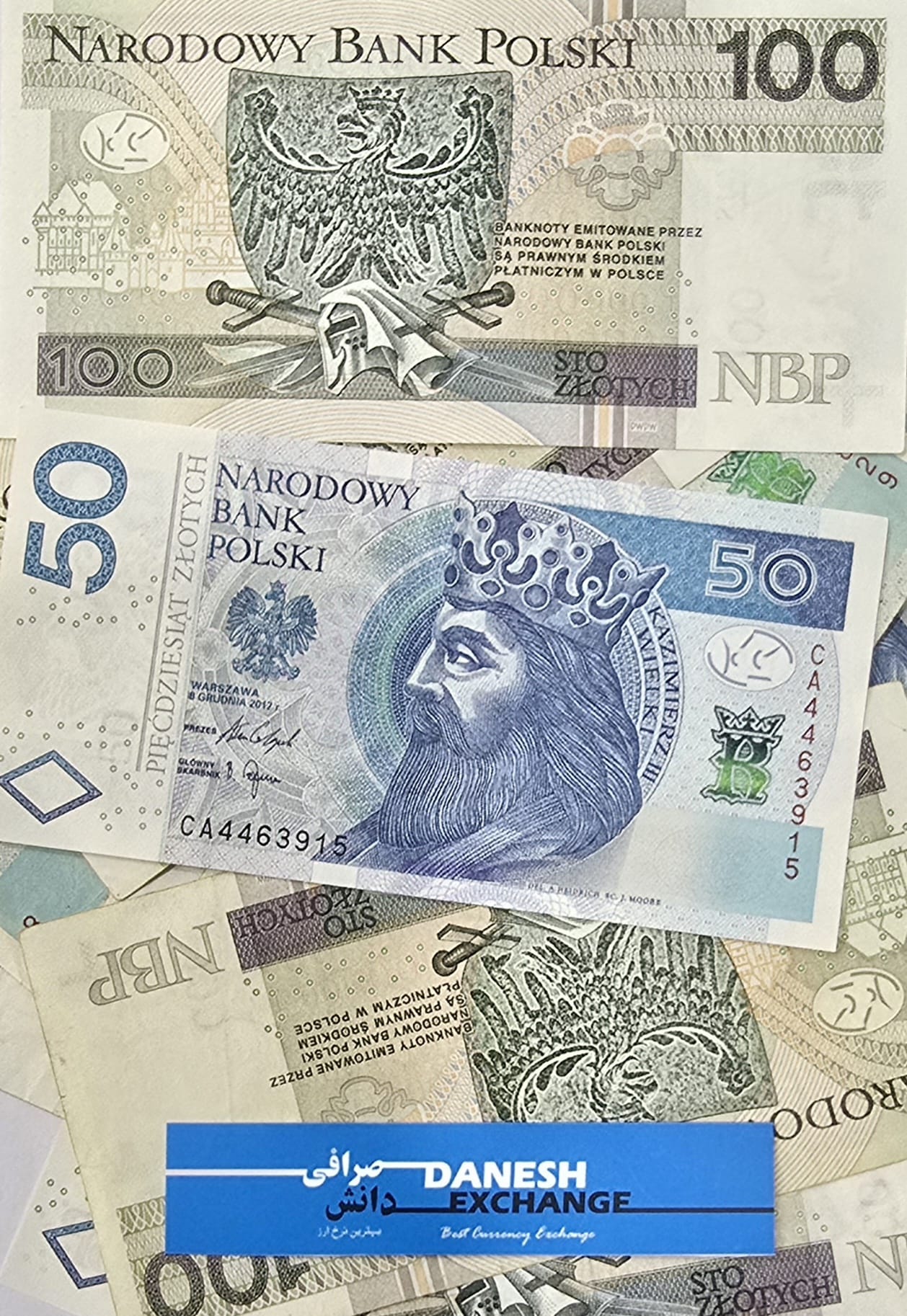 Polish banknotes in 50 and 100 złoty denominations arranged together, showing detailed portraits and designs above a blue Danesh Exchange label. Polish banknotes in 50 and 100 złoty denominations arranged together, showing detailed portraits and designs above a blue Danesh Exchange label.