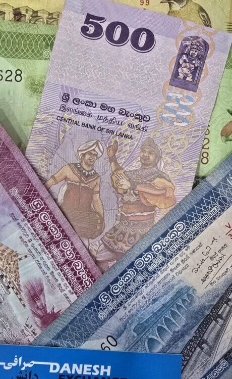 Sri Lankan rupee banknotes arranged in a fan shape, with a purple 500‑rupee note centered among 100, 1000, and other denominations. Sri Lankan rupee banknotes arranged in a fan shape, with a purple 500‑rupee note centered among 100, 1000, and other denominations.