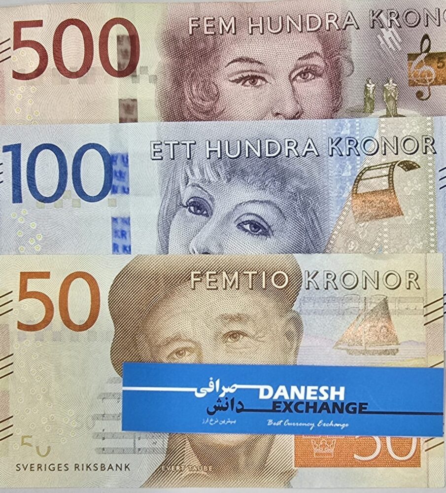 Three Swedish kronor banknotes—500 (purple), 100 (blue), and 50 (orange)—laid out together, with a blue Danesh Exchange label. Three Swedish kronor banknotes—500 (purple), 100 (blue), and 50 (orange)—laid out together, with a blue Danesh Exchange label.