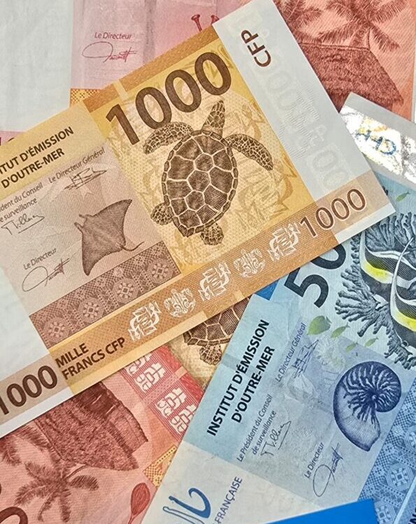 CFP franc banknotes in 10,000, 1,000, and 500 denominations featuring colourful tropical marine illustrations, arranged together with a blue Danesh Exchange label at the bottom. CFP franc banknotes in 10,000, 1,000, and 500 denominations featuring colourful tropical marine illustrations, arranged together with a blue Danesh Exchange label at the bottom.