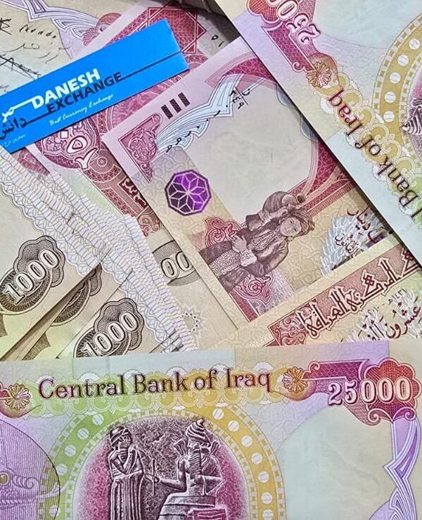Iraqi 1,000 and 25,000 dinar banknotes displayed in a scattered layout.