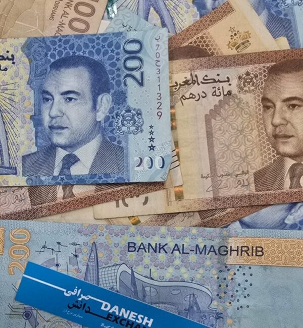 Moroccan 100 and 200 dirham banknotes displayed in a scattered layout. Moroccan 100 and 200 dirham banknotes displayed in a scattered layout.