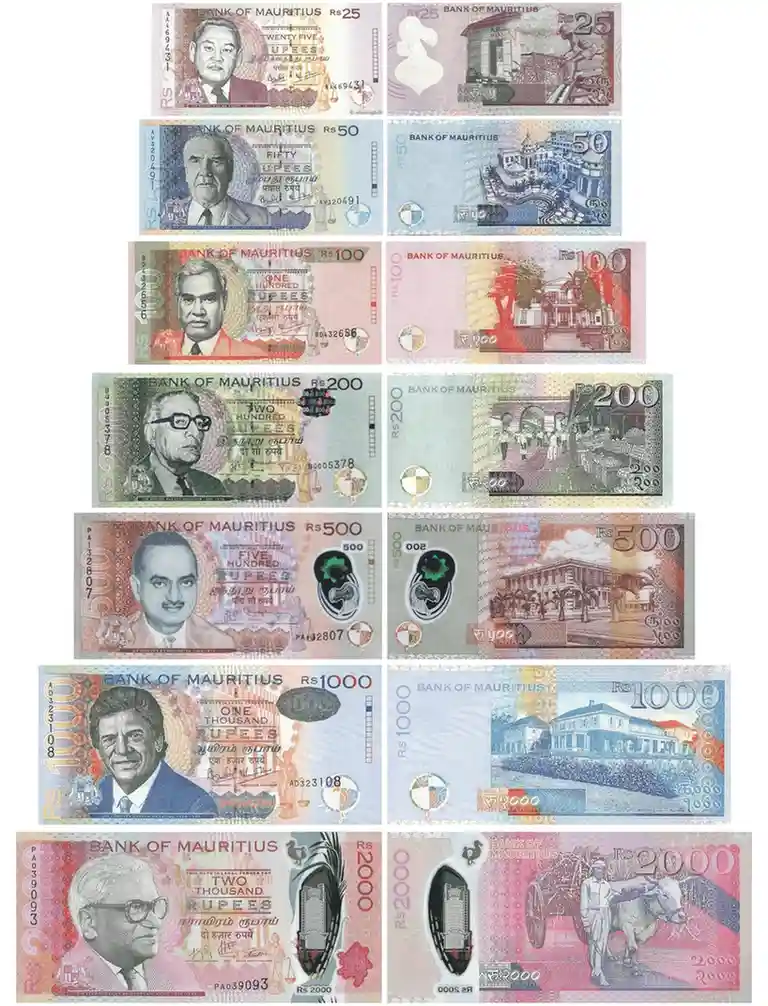 mur-bank-notes-1 Full set of Mauritian banknotes from Rs 25 to Rs 2000 displayed front and back.